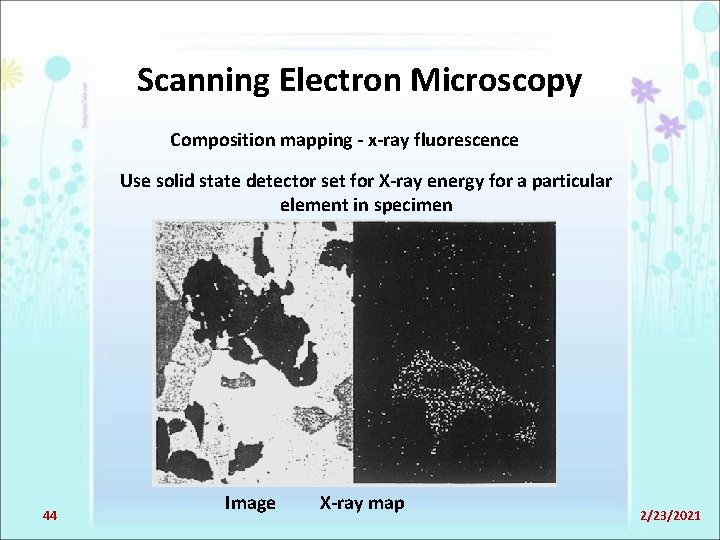 Scanning Electron Microscopy Composition mapping - x-ray fluorescence Use solid state detector set for