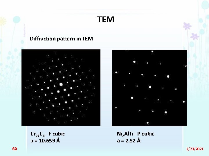 TEM Diffraction pattern in TEM Cr 23 C 6 - F cubic a =