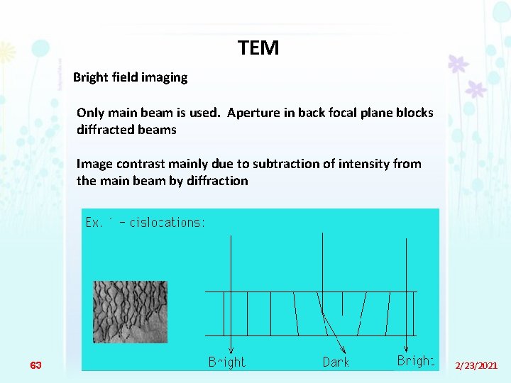 TEM Bright field imaging Only main beam is used. Aperture in back focal plane