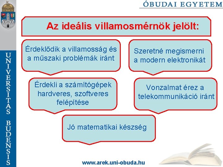 Az ideális villamosmérnök jelölt: Érdeklődik a villamosság és a műszaki problémák iránt Érdekli a