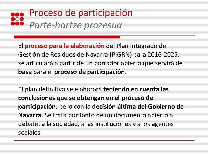 Proceso de participación Parte-hartze prozesua El proceso para la elaboración del Plan Integrado de
