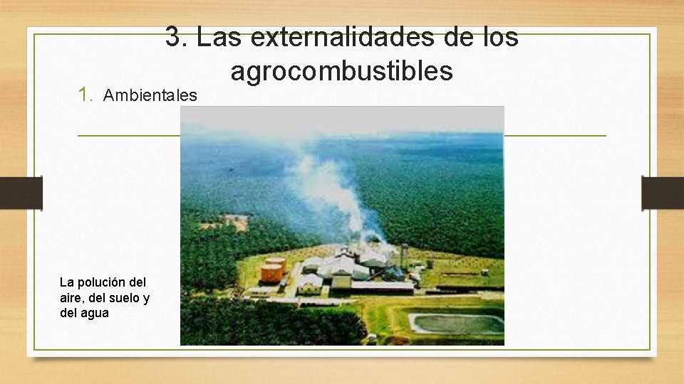 3. Las externalidades de los agrocombustibles 1. Ambientales La polución del aire, del suelo