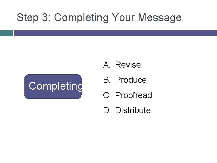 Step 3: Completing Your Message A. Revise Completing B. Produce C. Proofread D. Distribute