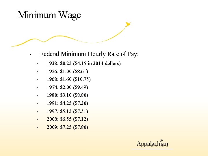 Minimum Wage Federal Minimum Hourly Rate of Pay: • • 1938: $0. 25 ($4.