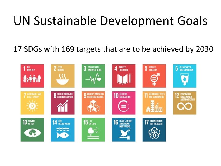 UN Sustainable Development Goals 17 SDGs with 169 targets that are to be achieved
