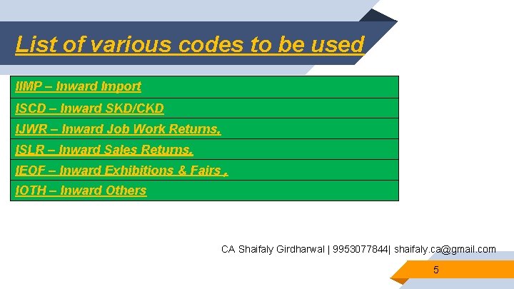 List of various codes to be used IIMP – Inward Import ISCD – Inward