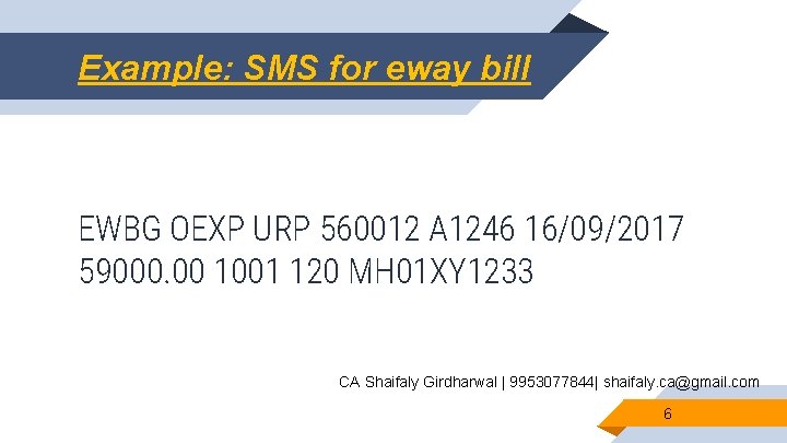 Example: SMS for eway bill EWBG OEXP URP 560012 A 1246 16/09/2017 59000. 00