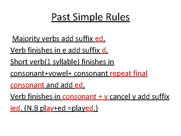 Past Simple Rules Majority verbs add suffix ed. Verb finishes in e add suffix