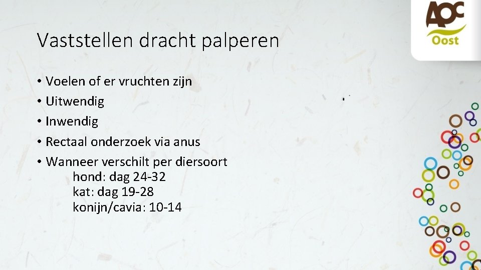 Vaststellen dracht palperen • Voelen of er vruchten zijn • Uitwendig • Inwendig •