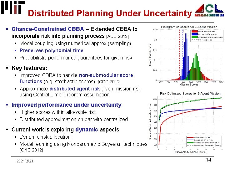 Distributed Planning Under Uncertainty § Chance-Constrained CBBA – Extended CBBA to incorporate risk into