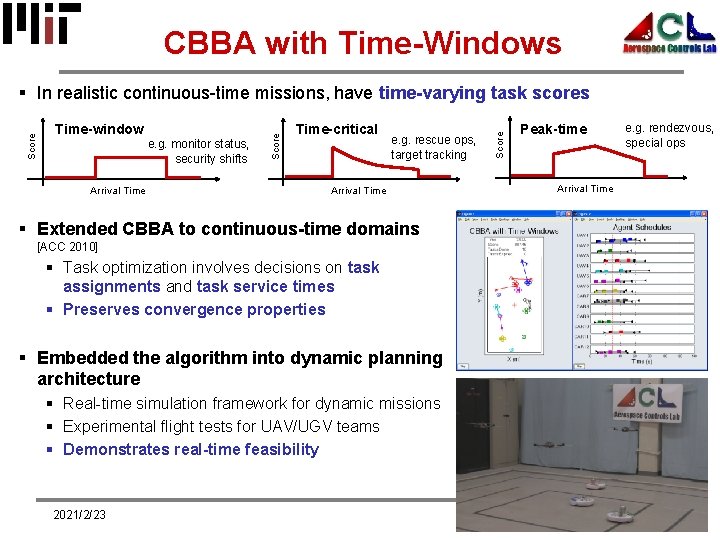 CBBA with Time-Windows e. g. monitor status, security shifts Arrival Time-critical e. g. rescue