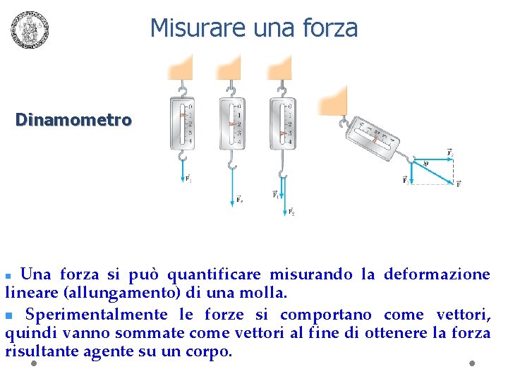 Misurare una forza Dinamometro Una forza si può quantificare misurando la deformazione lineare (allungamento)