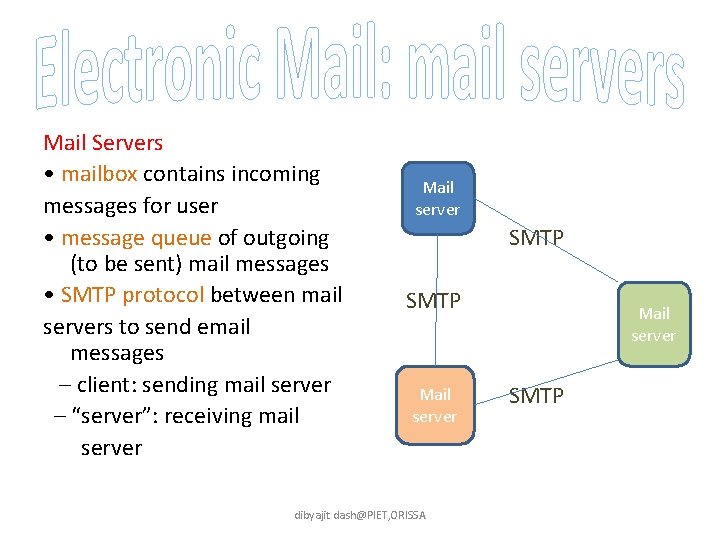 Mail Servers • mailbox contains incoming messages for user • message queue of outgoing