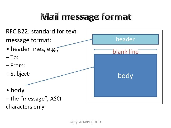 Mail message format RFC 822: standard for text message format: • header lines, e.