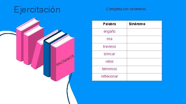 Ejercitación Completa con sinónimos Palabra engaño risa travieso S OS M I N INÓ