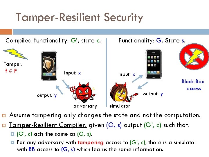 Tamper-Resilient Security Compiled functionality: G’, state c. Tamper: f 2 F input: x Functionality: