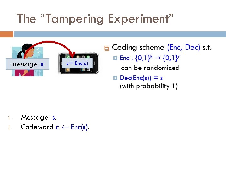 The “Tampering Experiment” message: s 1. 2. 3. c= Enc(s) Message: s. Codeword c