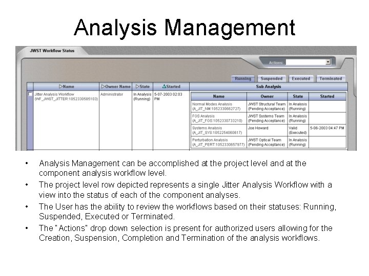 Analysis Management • • Analysis Management can be accomplished at the project level and