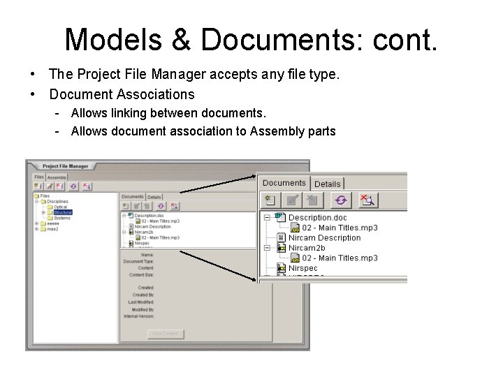 Models & Documents: cont. • The Project File Manager accepts any file type. •