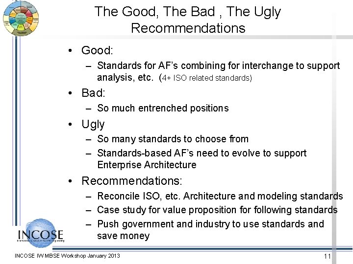 The Good, The Bad , The Ugly Recommendations • Good: – Standards for AF’s