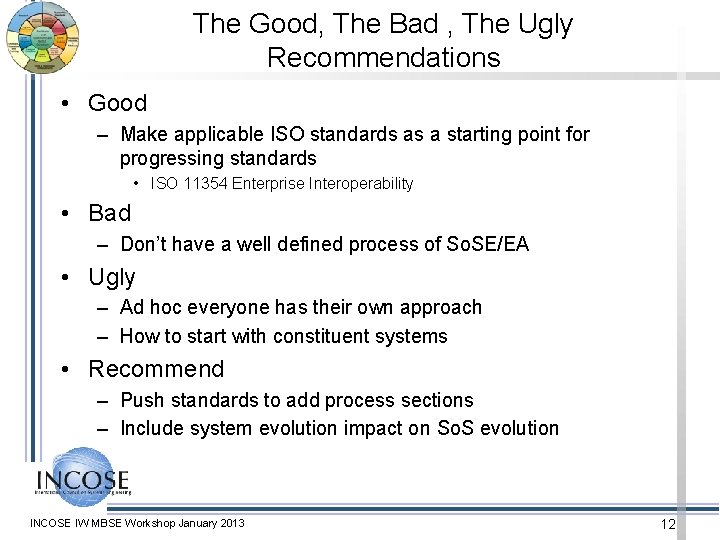 The Good, The Bad , The Ugly Recommendations • Good – Make applicable ISO