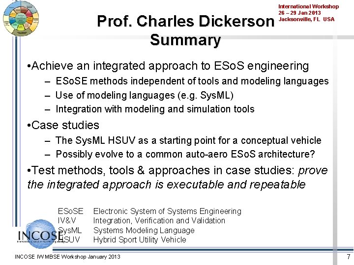 Prof. Charles Dickerson Summary International Workshop 26 – 29 Jan 2013 Jacksonville, FL USA
