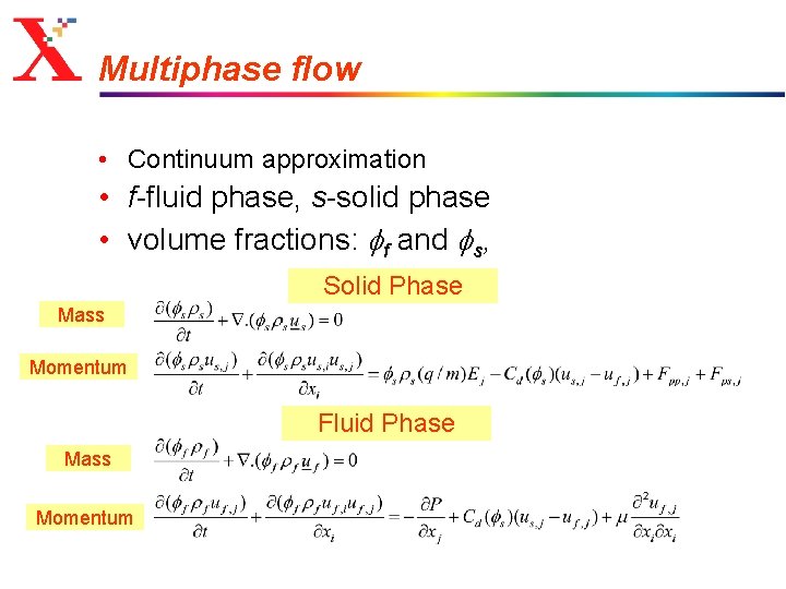 Multiphase flow • Continuum approximation • f-fluid phase, s-solid phase • volume fractions: ff