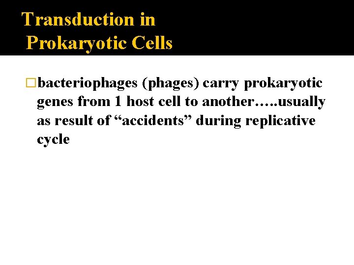 Transduction in Prokaryotic Cells �bacteriophages (phages) carry prokaryotic genes from 1 host cell to
