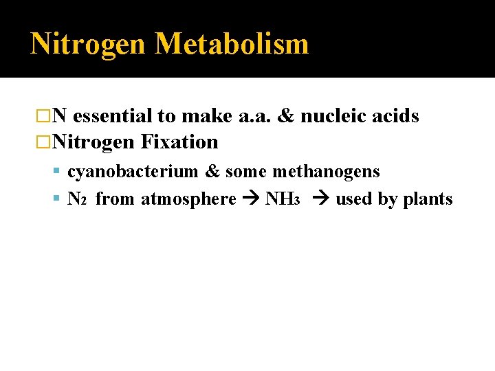 Nitrogen Metabolism �N essential to make �Nitrogen Fixation a. a. & nucleic acids cyanobacterium