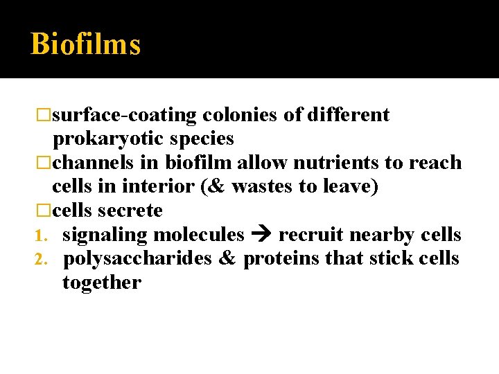 Biofilms �surface-coating colonies of different prokaryotic species �channels in biofilm allow nutrients to reach