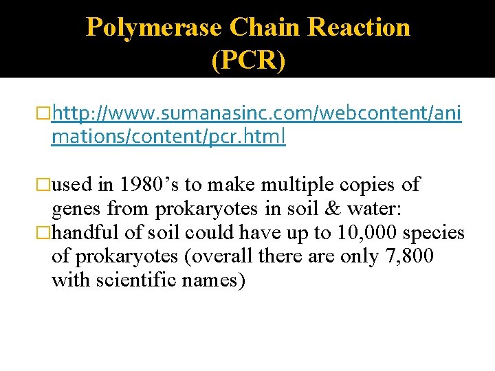 Polymerase Chain Reaction (PCR) �http: //www. sumanasinc. com/webcontent/ani mations/content/pcr. html �used in 1980’s to