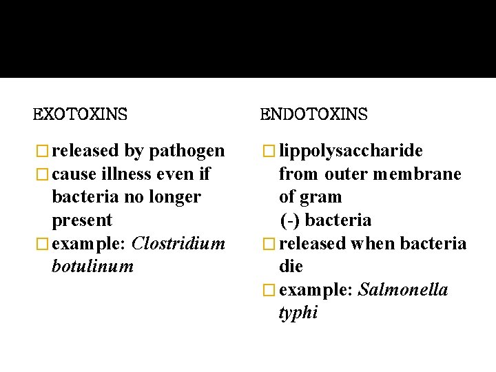 EXOTOXINS ENDOTOXINS � released by pathogen � cause illness even if � lippolysaccharide bacteria
