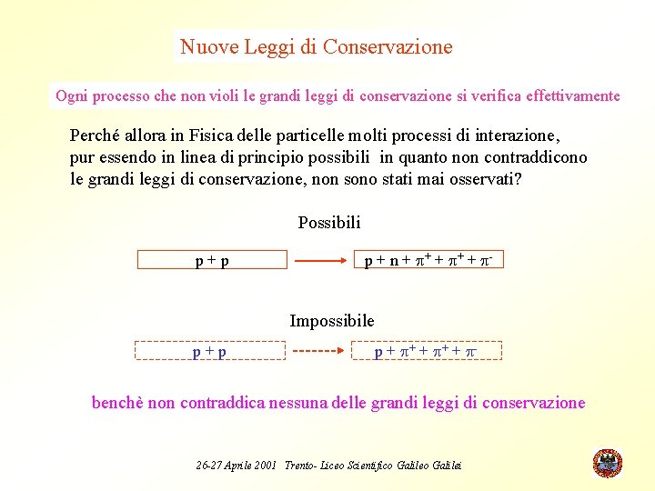 Nuove Leggi di Conservazione Ogni processo che non violi le grandi leggi di conservazione