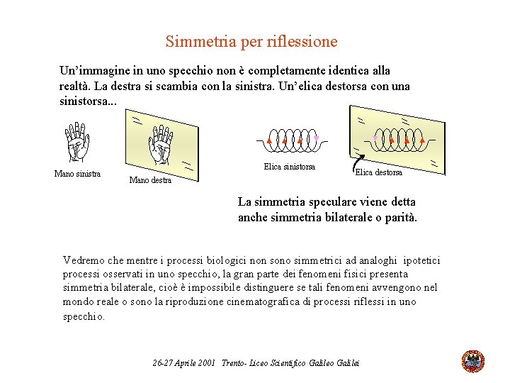 Simmetria per riflessione Un’immagine in uno specchio non è completamente identica alla realtà. La