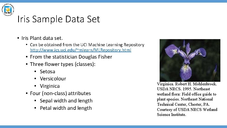 Iris Sample Data Set • Iris Plant data set. • Can be obtained from