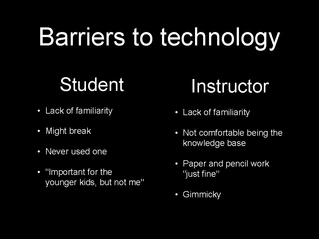 Barriers to technology Student Instructor • Lack of familiarity • Might break • Not