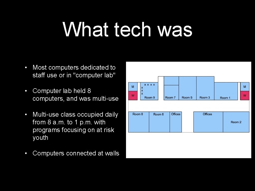 What tech was • Most computers dedicated to staff use or in "computer lab"