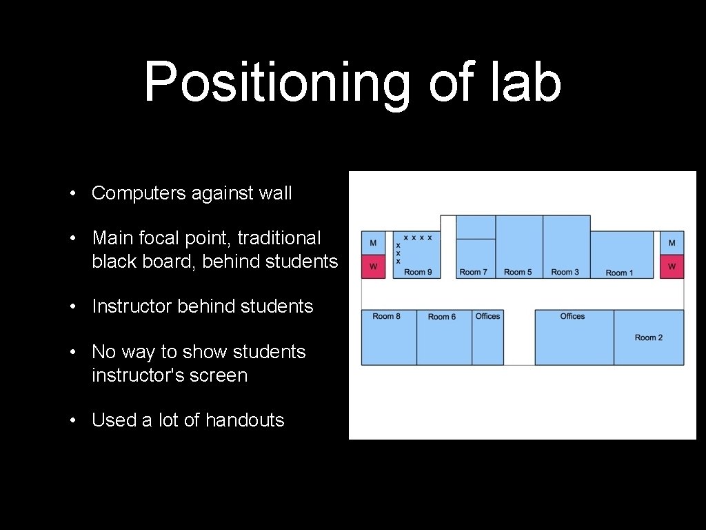 Positioning of lab • Computers against wall • Main focal point, traditional black board,