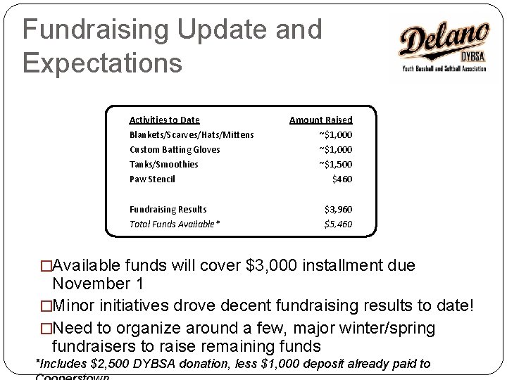 Fundraising Update and Expectations Activities to Date Amount Raised Blankets/Scarves/Hats/Mittens ~$1, 000 Custom Batting