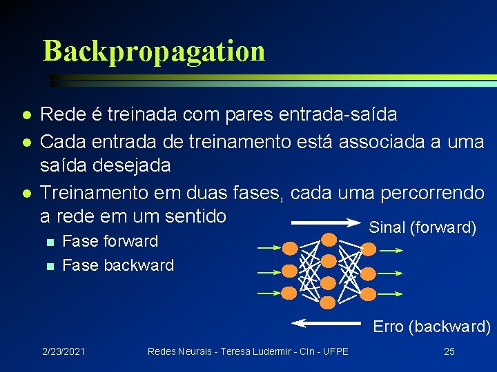 Backpropagation l l l Rede é treinada com pares entrada-saída Cada entrada de treinamento