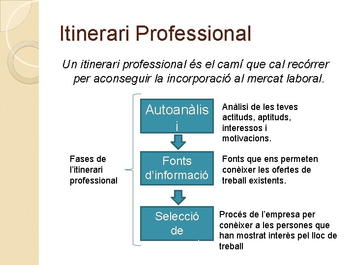 Itinerari Professional Un itinerari professional és el camí que cal recórrer per aconseguir la