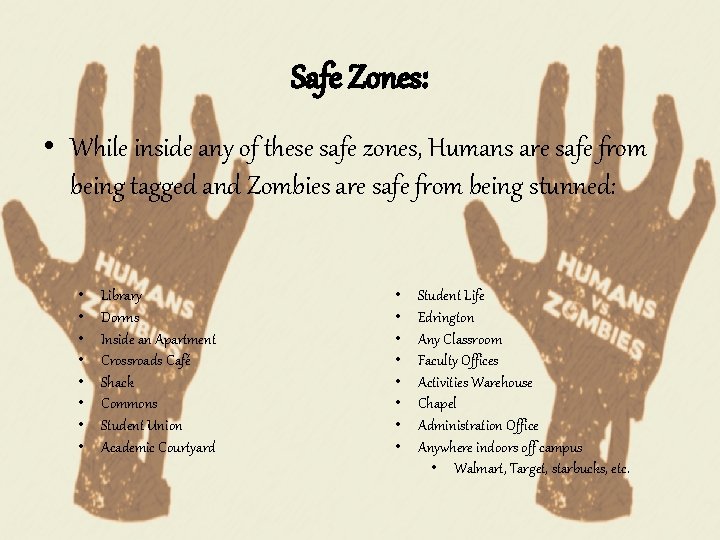 Safe Zones: • While inside any of these safe zones, Humans are safe from