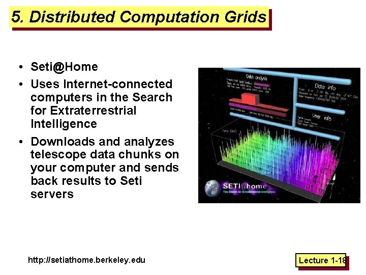 5. Distributed Computation Grids • Seti@Home • Uses Internet-connected computers in the Search for