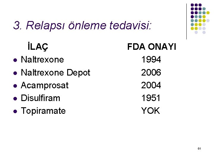 3. Relapsı önleme tedavisi: l l l İLAÇ Naltrexone Depot Acamprosat Disulfiram Topiramate FDA