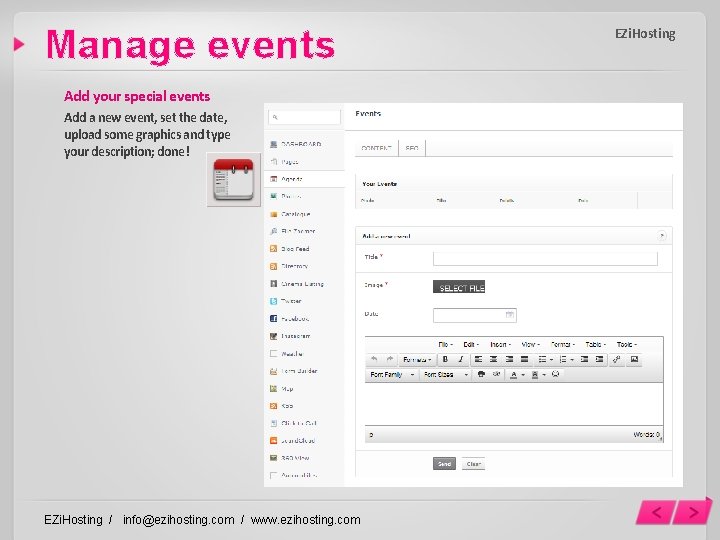 Manage events Add your special events Add a new event, set the date, upload