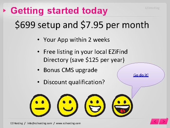 Getting started today EZi. Hosting • Your App within 2 weeks • Free listing