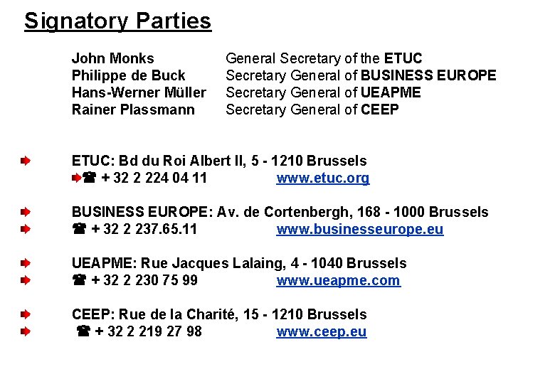 Signatory Parties John Monks Philippe de Buck Hans-Werner Müller Rainer Plassmann General Secretary of