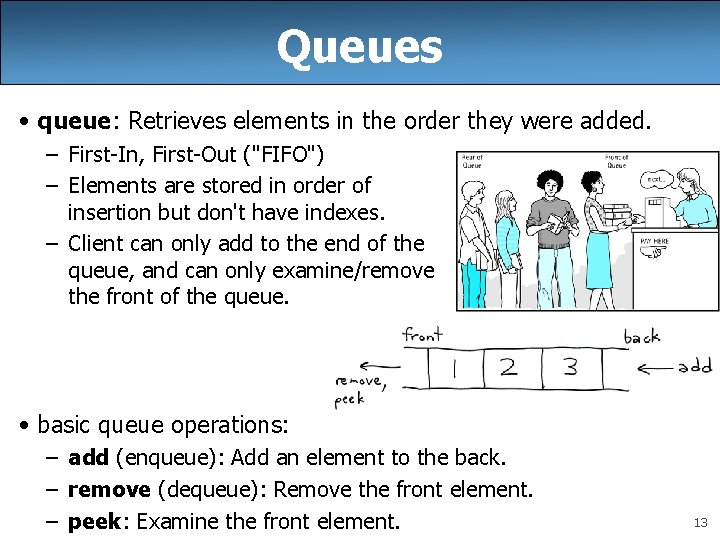 Queues • queue: Retrieves elements in the order they were added. – First-In, First-Out