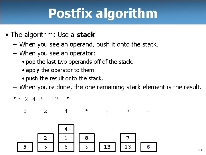 Postfix algorithm • The algorithm: Use a stack – When you see an operand,
