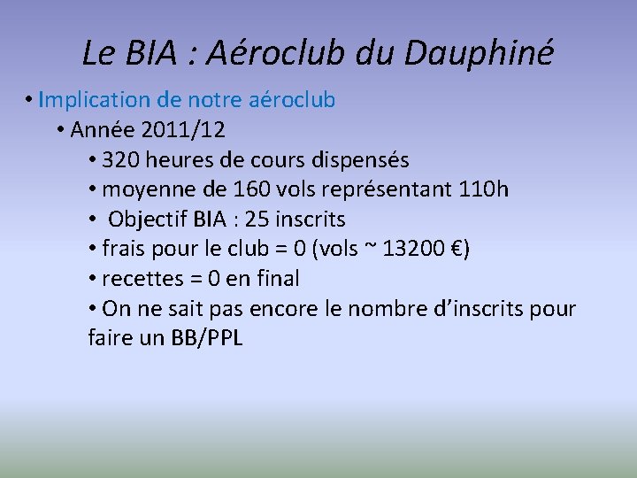 Le BIA : Aéroclub du Dauphiné • Implication de notre aéroclub • Année 2011/12